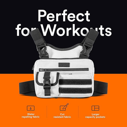 Fitdom Tactical Inspired Lightweight Running Chest Pack For Men With Built-In Phone Holder. A Sports Utility Rig Vest Made For Workouts And Outdoor