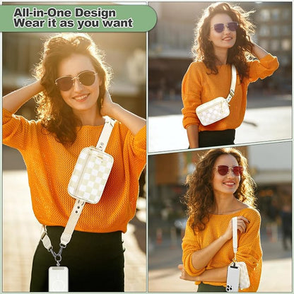 YFWE Clip and Go Strap for Phone with Wallet Crossbody, Adjustable Phone Lanyard with Detachable RFID Wristlet Wallet, Phone Strap with Phone Tabs for All Phones, Cream Checkered (M)