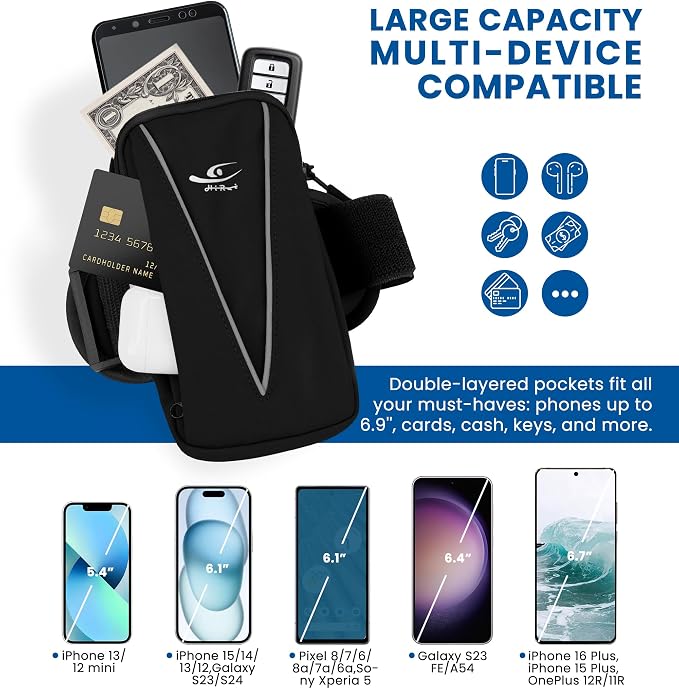 HiRui Cell Phone Holder Arm Bag & Wrist Bag for Phone, Sports Running Armband for Gym & Cycling, Compatible with iPhone 17/17Pro/Plus/16/15 Samsung Galaxy All Phones, Reflective & Adjustable (Black)