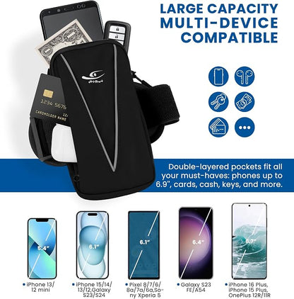 HiRui Cell Phone Holder Arm Bag & Wrist Bag for Phone, Sports Running Armband for Gym & Cycling, Compatible with iPhone 17/17Pro/Plus/16/15 Samsung Galaxy All Phones, Reflective & Adjustable (Black)