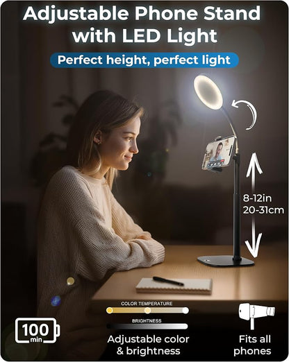 Phone Stand for Recording with Light for Desk - ChatStand Halo 9-13" Adjustable, Portable Ring Light Tripod, iPhone Stand for Desk & Phone Holder for Video Recording, Filming, Zoom Calls (Night Black)