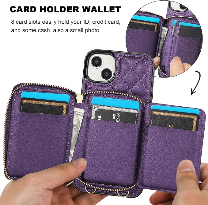 Bocasal Crossbody Wallet Case for iPhone 14 Plus, RFID Blocking PU Leather Zipper Handbag Purse Flip Cover, Kickstand Folio Case with Card Slots Holder Wrist Strap Lanyard 5G 6.7 Inch (Dark Purple)