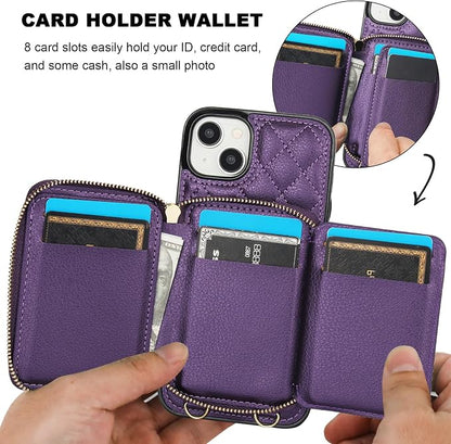 Bocasal Crossbody Wallet Case for iPhone 14 Plus, RFID Blocking PU Leather Zipper Handbag Purse Flip Cover, Kickstand Folio Case with Card Slots Holder Wrist Strap Lanyard 5G 6.7 Inch (Dark Purple)