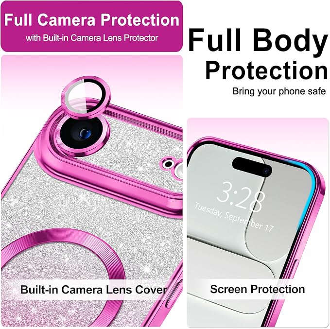 Hython for iPhone Air Case Glitter Clear Magnetic Phone Cases [Compatible with MagSafe] Full Camera Lens Protector Sparkle Luxury Plating Slim Shockproof Protective Cover, Gradient Hot Pink