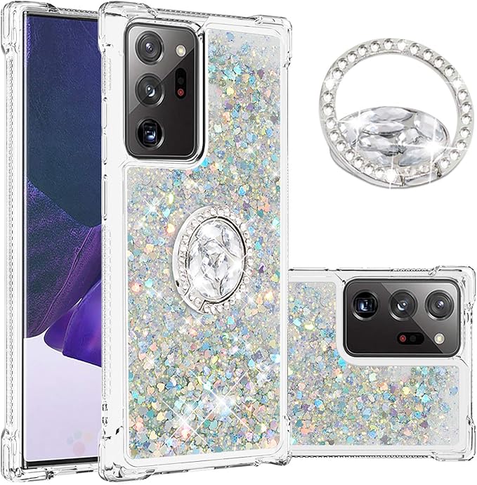 Liquid Phone Case for Galaxy Note 20 Ultra with Ring Stand, Bumper Case Bling Waterfall Liquid Case Resistant Silicone Back Case Glitter Protective Cover Compatible with Samsung Galaxy Note 20 Ultra