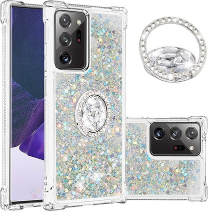 Liquid Phone Case for Galaxy Note 20 Ultra with Ring Stand, Bumper Case Bling Waterfall Liquid Case Resistant Silicone Back Case Glitter Protective Cover Compatible with Samsung Galaxy Note 20 Ultra