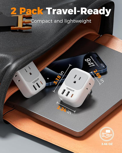 TESSAN Italy Travel Plug Adapter, Type L Plug 2 Pack | 4 Outlets, 3 USB Charger (1 USB C PD 20W), US to Chile Libya Syria Tunisia Uruguay