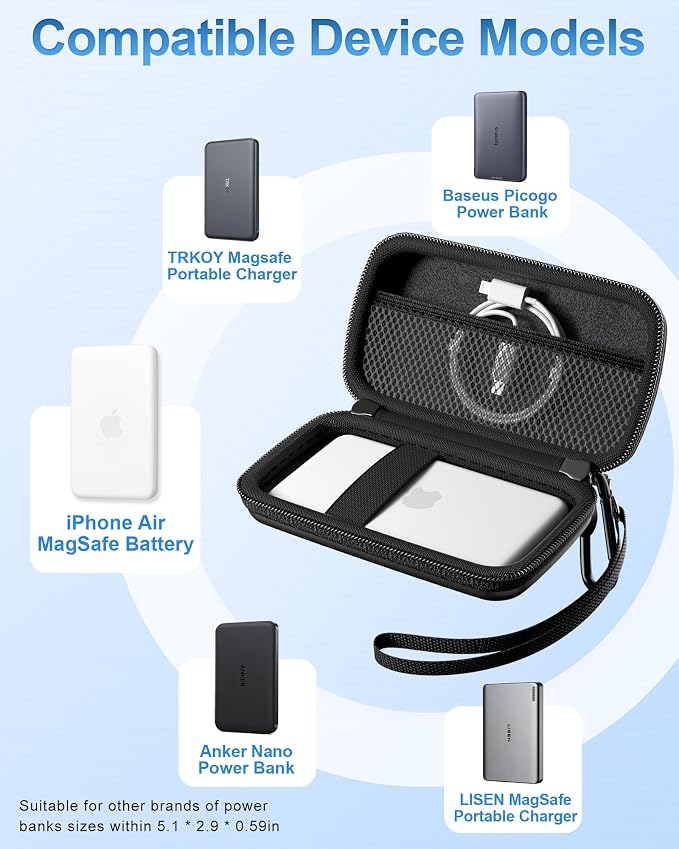 ProCase EVA Hard Shell Case for iPhone Air Magsafe Battery/Anker Nano Magnetic Power Bank/Baseus Picogo Wireless Portable Charger, Fits Power Banks Up to 5.1" × 2.9" × 0.59"-Black