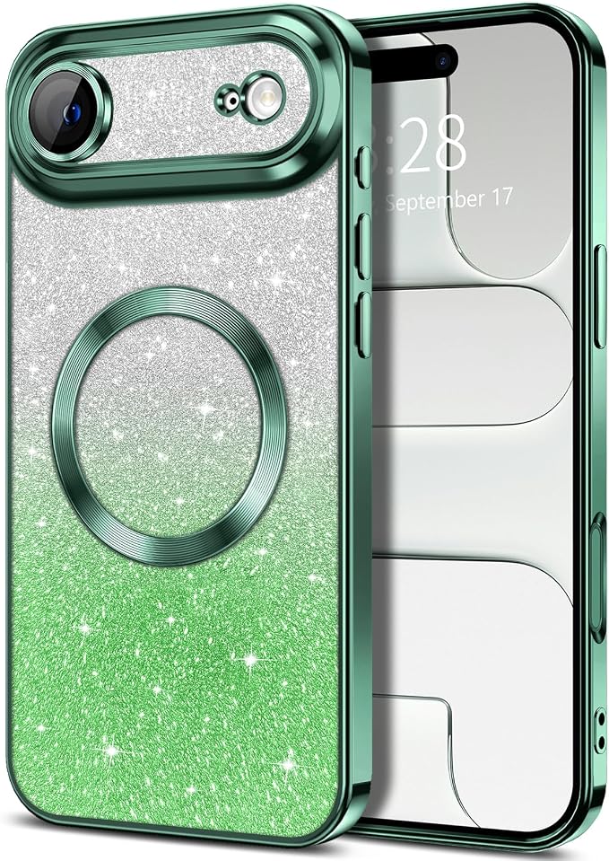 Hython for iPhone Air Case Glitter Clear Magnetic Phone Cases [Compatible with MagSafe] Full Camera Lens Protector Sparkle Luxury Plating Slim Shockproof Protective Cover Women, Gradient Green