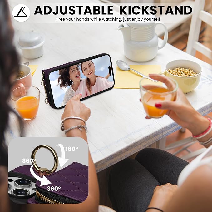 Keallce Case for iPhone 16 Pro 6.3'' Wallet Case, Crossbody Zipper Purse with Wristlet for Women, RFID Blocking Card Holder, 360° Ring Kickstand Flip Leather Case for iPhone 16 Pro, Darkpurple
