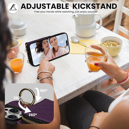 Keallce for iPhone 16 Pro Max 6.9'' Wallet Case, Crossbody Zipper Purse with Wristlet for Women, RFID Blocking Card Holders, 360° Ring Kickstand Flip Leather Case Darkpurple