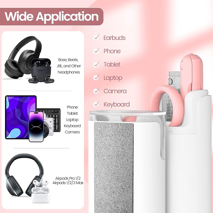 MacBook iPad iPhone Pro Screen Cleaner and Keyboard Tool - AirPod Cleaner - Computer Cleaning Kit (Pink)