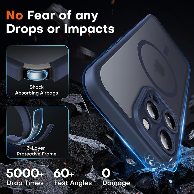 TOCOL Magnetic for 16 pro max Phone case, Upgraded Full Camera Protection, Compatible with Magsafe, 16FT Drop Protection, Translucent Matte Back Bumper Cover for 6.9-Inch（Dark Blue）