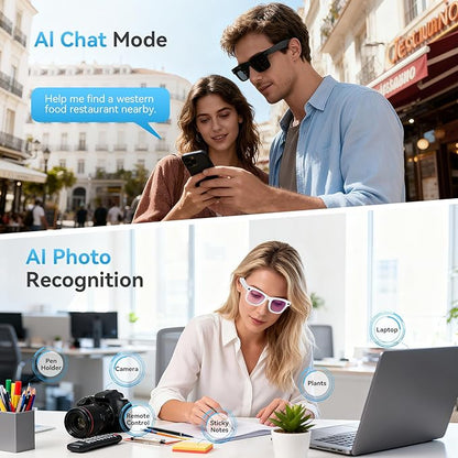 AI Smart Glasses with Camera and Bluetooth,8MP 2K HD Camera Glasses,AI Voice Control,AI Photo Recognition and Translation,Smart Anti-Blue Light Glasses,IP67 Waterproof for Driving,Outdoor,+2 Lenses.