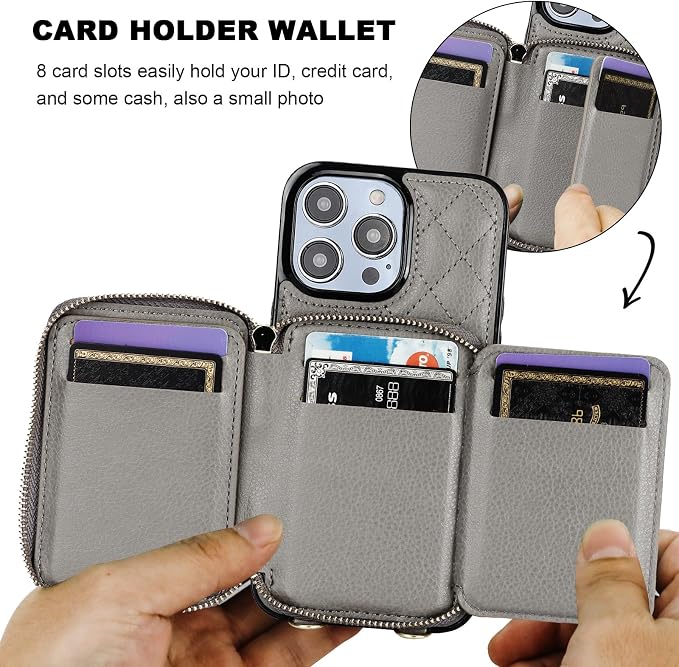 Bocasal Crossbody Wallet Case for iPhone 14 Pro Max, RFID Blocking PU Leather Zipper Handbag Purse Flip Cover, Kickstand Folio Case with Card Slots Holder Wrist Strap Lanyard 5G 6.7 Inch (Grey)