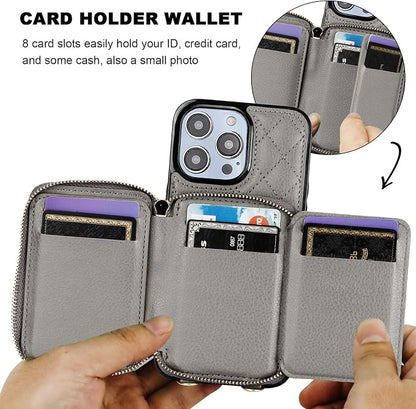 Bocasal Crossbody Wallet Case for iPhone 14 Pro Max, RFID Blocking PU Leather Zipper Handbag Purse Flip Cover, Kickstand Folio Case with Card Slots Holder Wrist Strap Lanyard 5G 6.7 Inch (Grey)