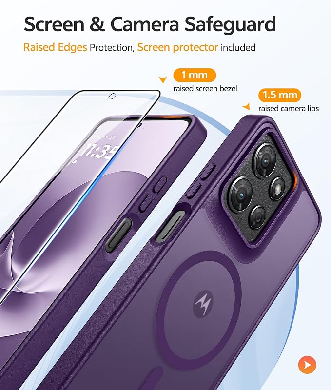FNTCASE for Moto G Play 2026 / G 2026 / G 2025 Phone Case, Screen Protector | Translucent Matte Magnetic Back, 14FT Military Grade Drop Protection, Shockproof Protective Phone Cover, Purple