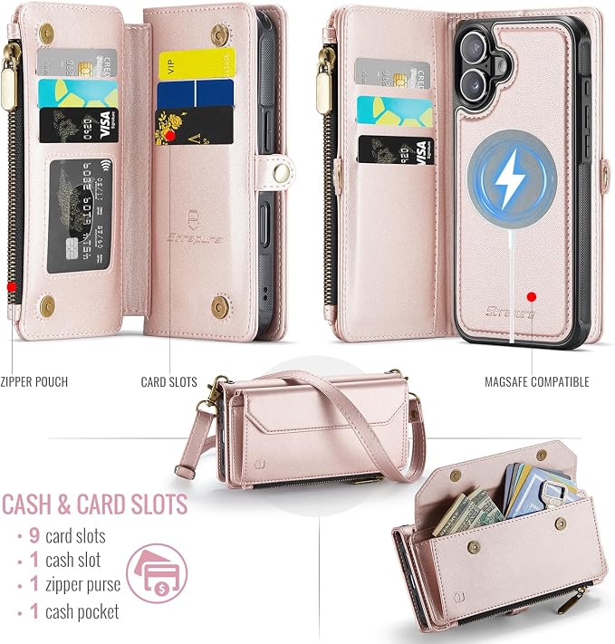 Strapurs for iPhone 16 Detachable Wallet Case Compatible with Magsafe for Women, RFID Blocking 9-Card Holder Zipper Wrist Strap Lanyard PU Leather Magnetic Phone Case for iPhone 16 6.1", Rose Gold