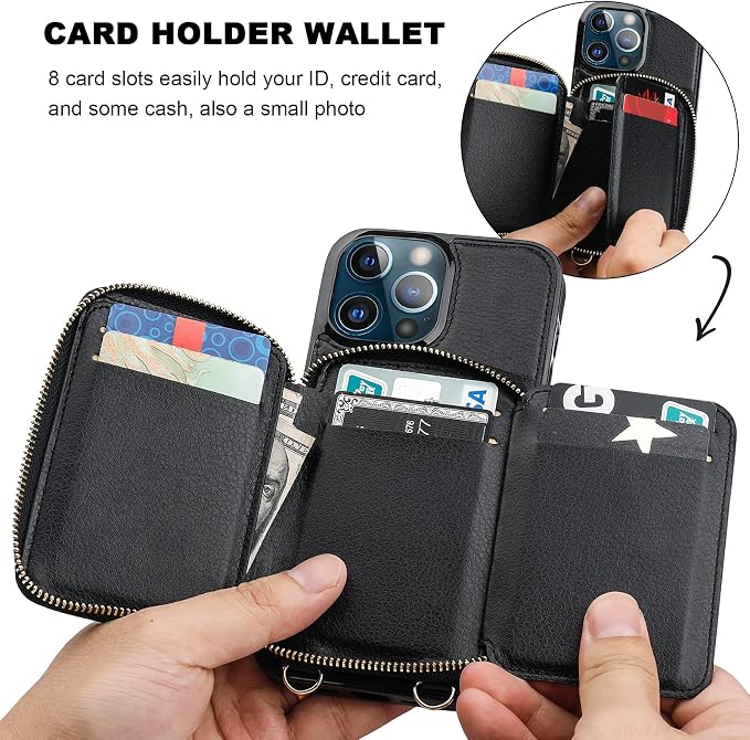 Bocasal RFID Blocking Wallet Case for iPhone 13 Pro Max, Adjustable Crossbody Zipper Purse Case Card Holder with Kickstand Detachable Wrist Strap, PU Leather Flip Folio Case 6.7 Inch 5G (Black)