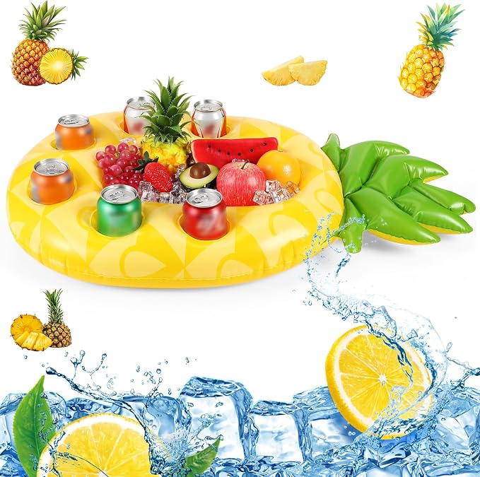 FillTouch Floating Drink Holder for Pool, Floating Cabana Bar, Hot Tub Drink Holder for Adults, Inflatable Pool Accessories(Classic Pineapple)