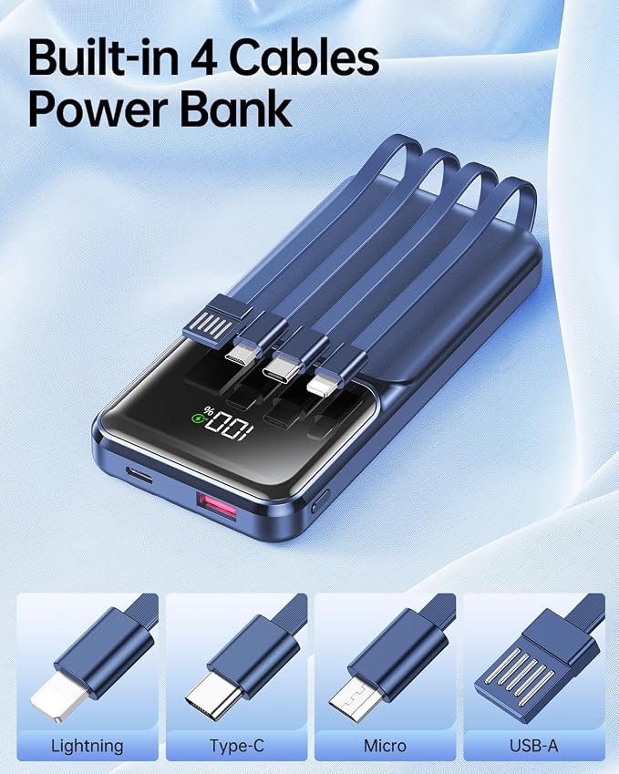 Portable Charger Power Bank with Built in Cable 20000mAh Fast Charging | 22.5W USB C Fast Charging Battery Pack for iPhone Android, Slim, LED Display,5 Outputs & 3 Inputs,Travel Essentials