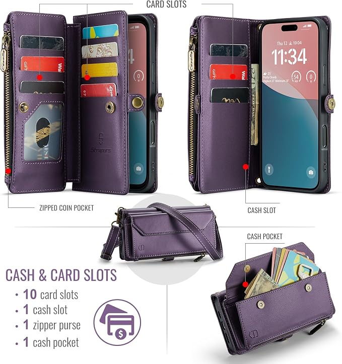 Strapurs Wallet Case Compatible with iPhone 16 Plus 6.7" RFID Blocking 10-Card Holder Soft PU Leather Magnetic Snap Shoulder Strap Zipper Pocket Phone Case Fit for iPhone 16 Plus - Purple