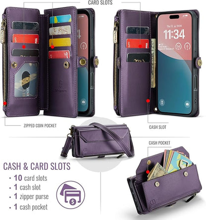 Strapurs Wallet Case Compatible with iPhone 16 Plus 6.7" RFID Blocking 10-Card Holder Soft PU Leather Magnetic Snap Shoulder Strap Zipper Pocket Phone Case Fit for iPhone 16 Plus - Purple