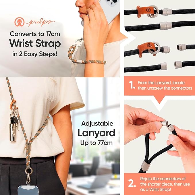 Pulpo 2 in 1 Anti Theft Phone Lanyard and Wrist Strap for iPhone and Android, Adjustable Cell Phone Leash and Universal Tether, Hands Free Strap for Travel Running and Everyday Use, Green & Orange