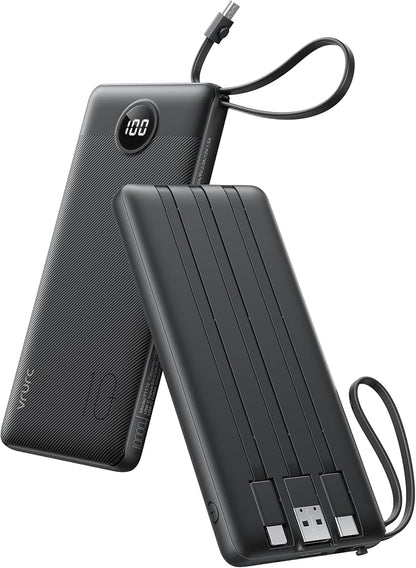VRURC Portable Charger, Built-in 4 Cables Slim Power Bank 10000mAh, USB C Charging Bank with LED Display, Compact Travel Battery Pack with 5 Outputs for Multi Devices, Android-Black(1 Pack)