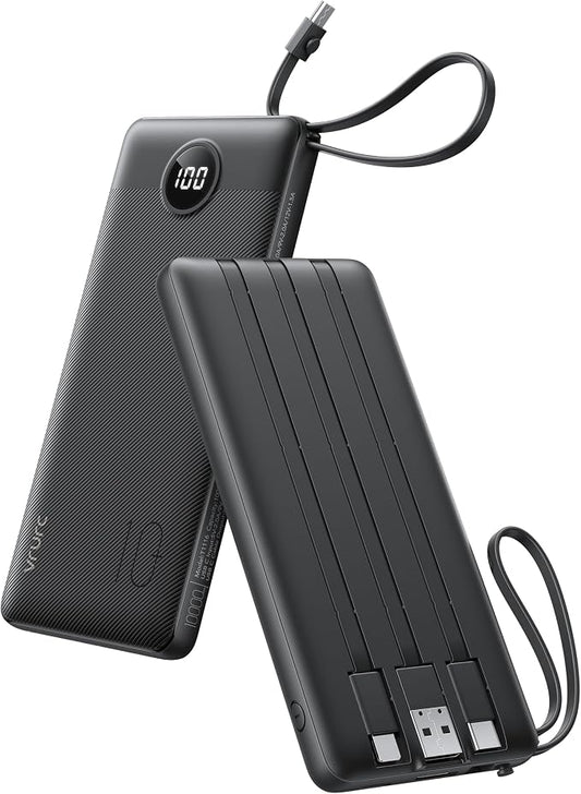 VRURC Portable Charger, Built-in 4 Cables Slim Power Bank 10000mAh, USB C Charging Bank with LED Display, Compact Travel Battery Pack with 5 Outputs for Multi Devices, Android-Black(1 Pack)