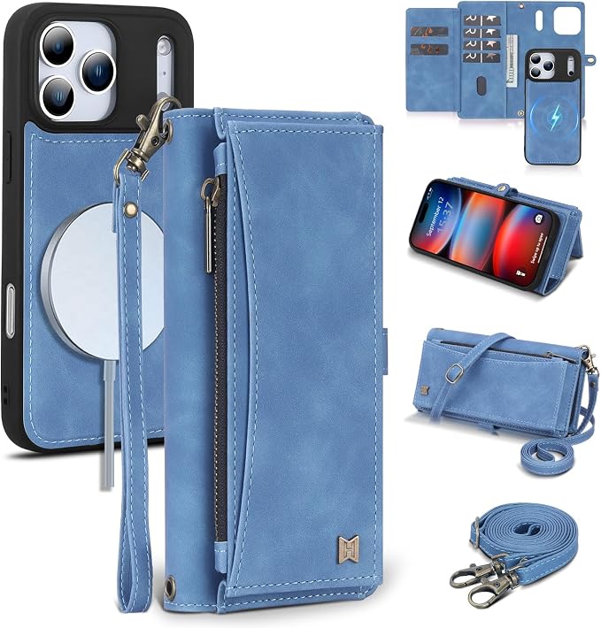 Wallet Case for iPhone 17 Pro Max with Card Holder/Crossbody Wallet/Strap,[RFID Blocking][Magnetic] PU Leather Phone Case for iPhone 17 Pro Max,6.9 in,Dream Sky Blue