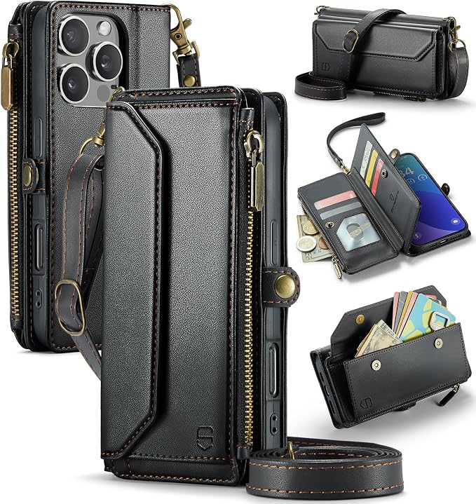 Strapurs Wallet Case Compatible with iPhone 16 Pro 6.3" RFID Blocking 10-Card Holder Soft PU Leather Magnetic Snap Shoulder Strap Zipper Pocket Phone Case Fit for iPhone 16 Pro for Women - Black