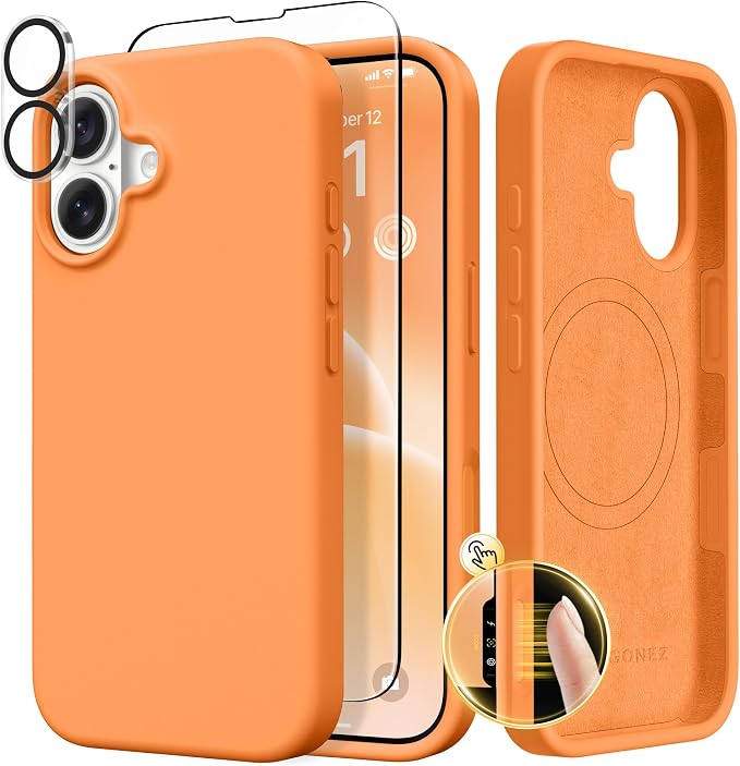 GONEZ Magnetic for iPhone 17 Case, Compatible with MagSafe, [Screen Protector + Camera Lens Protector], Liquid Silicone Anti-Scratch Shockproof Protective Phone Case 6.3 inch, Orange