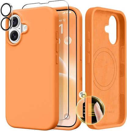 GONEZ Magnetic for iPhone 17 Case, Compatible with MagSafe, [Screen Protector + Camera Lens Protector], Liquid Silicone Anti-Scratch Shockproof Protective Phone Case 6.3 inch, Orange