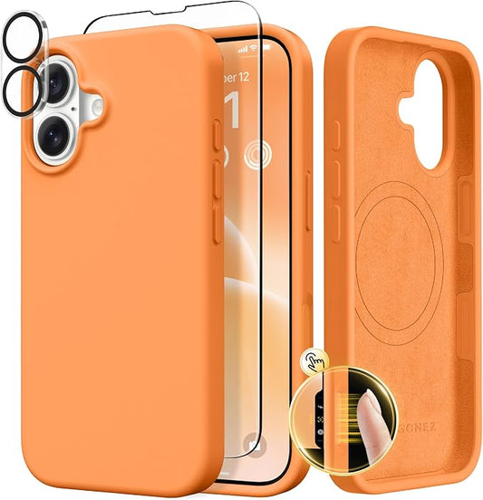 GONEZ Magnetic for iPhone 17 Case, Compatible with MagSafe, [Screen Protector + Camera Lens Protector], Liquid Silicone Anti-Scratch Shockproof Protective Phone Case 6.3 inch, Orange