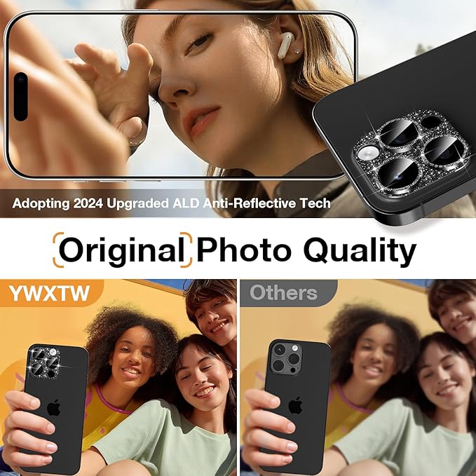 YWXTW for iPhone 16 Pro/iPhone 16 Pro Max Camera Lens Protector, [New Glitter Design] Full Bling Sparkly Diamond Tempered Glass Screen Protector Metal Camera Cover Accessories (Black Titanium)