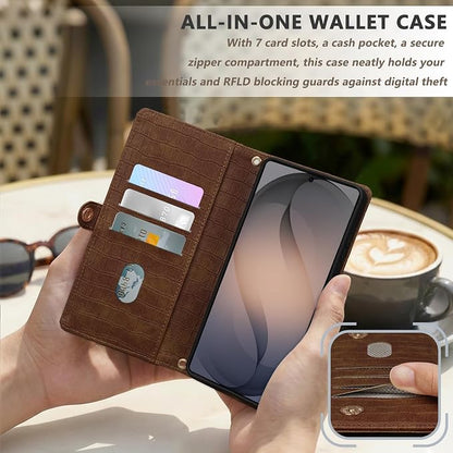Crossbody Wallet Case for Samsung Galaxy S26 Ultra with Mirror, Wrist Strap, Zipper Purse Magnetic Flip, RFID Blocking Card Holder, PU Leather Shockproof Women (Brown)