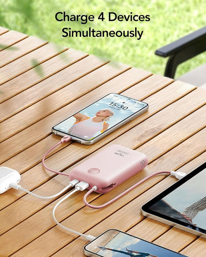 VIYISI Power Bank 20000mAh 30W Fast Charging with Built-in Cables, Pink | LED Display, bulit-in USB C&Lighting cables for iPhone 17/16/15/14, Samsung, iPad and Android Phones