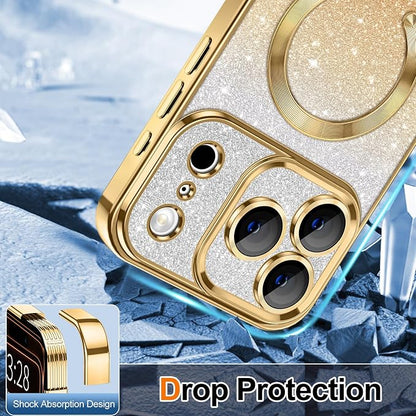 Hython for iPhone 17 Pro Max Case Glitter Clear Magnetic Phone Cases [Compatible with MagSafe] Full Camera Lens Protector Sparkle Luxury Plating Slim Shockproof Protective Cover Women, Gradient Gold