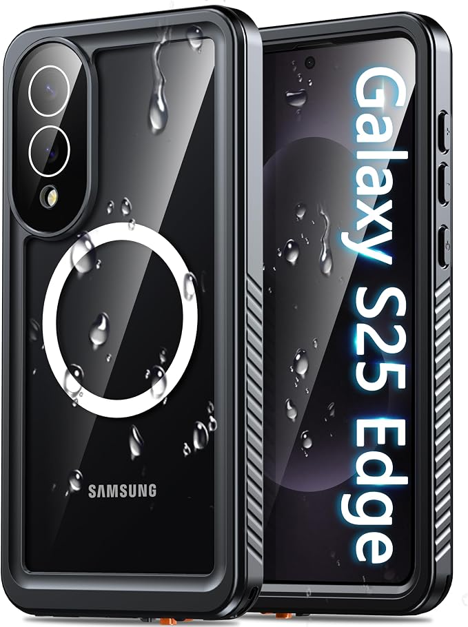 Oterkin Waterproof Case for Samsung Galaxy S25 Edge Case Compatible with MagSafe,Full Body Protective Rugged S25 Edge Phone Case with Built-in HD Screen & Lens Protector [12FT Military] (Black)