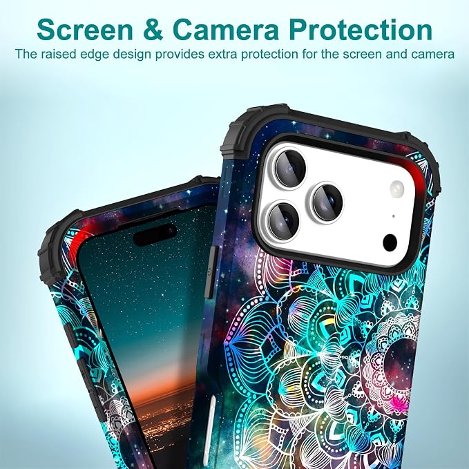 Hocase for iPhone 17 Pro Case 6.3", Heavy Duty Shockproof Protection Soft Silicone Rubber+Hard Plastic Bumpers Hybrid Protective Case for iPhone 17 Pro 2025 - Mandala in Galaxy