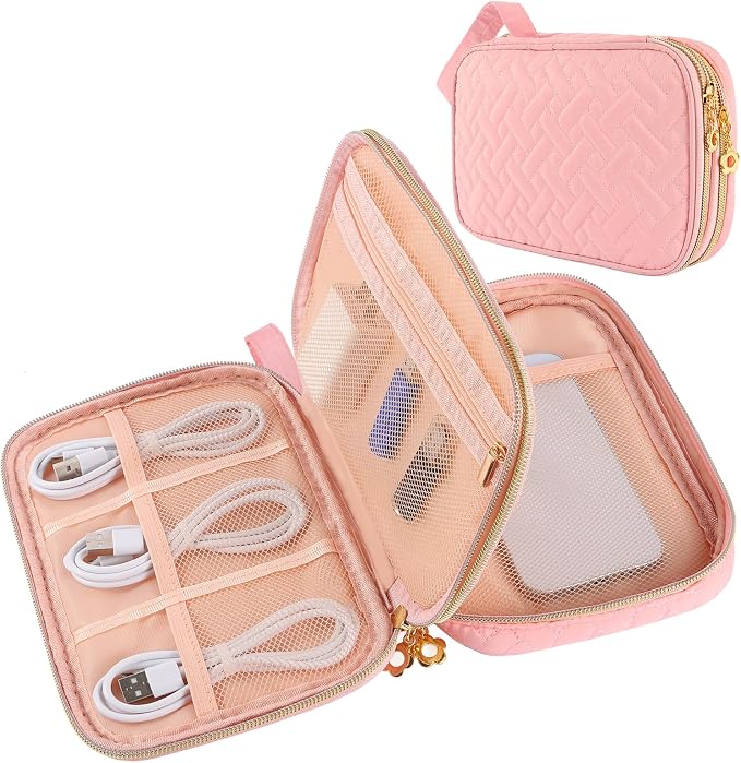 Electronics Organizer Travel Case, Charger Bag Cord Organizer Travel, Compact Tech Pouch Cable Organizer Bag for Charger, Cords, Phone, Headphones, Flash Drive, SD Card (Pink, Small-Double Layer)