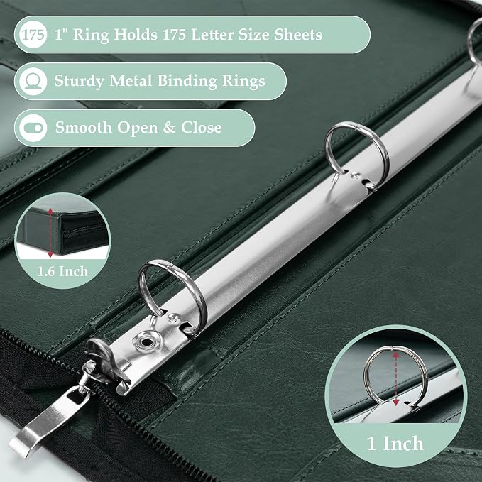 EYROZILL Zippered Leather 3 Ring Binder Organizer with Pockets – Business Portfolio Folder with Card Slots, Phone Holder, Pen Loop (Dark Green)