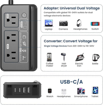 Mapambo 2000W Voltage Converter US to Europe, 7 in 1 Converter for European Travel for Hair Dryer, Kettles, Coffee Makers and etc. 220v to 110v Converter for International Travels (Matt Black)