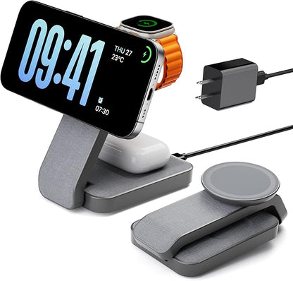3 in 1 Foldable Wireless Charging Station for MagSafe, Nightstand Magnetic Charger Stand for iPhone 17 16 15 14 Pro Max, Travel Charging Dock with Night Light for Apple Watch/AirPods (Gray)