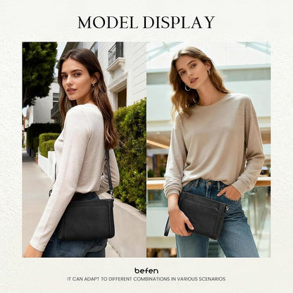befen Genuine Leather Wristlet Wallet for Women Soft RFID Leather Clutch Purse with Built in Wallet Trendy Crossbody Bag
