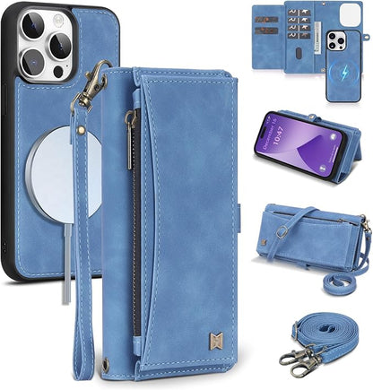 Wallet Case for iPhone 14 Pro with Card Holder/Crossbody Wallet/Strap| RFID Blocking | Magnetic | Kickstand | Detachable | PU Leather Phone Case for iPhone 14 Pro,6.1 in,Sky Blue