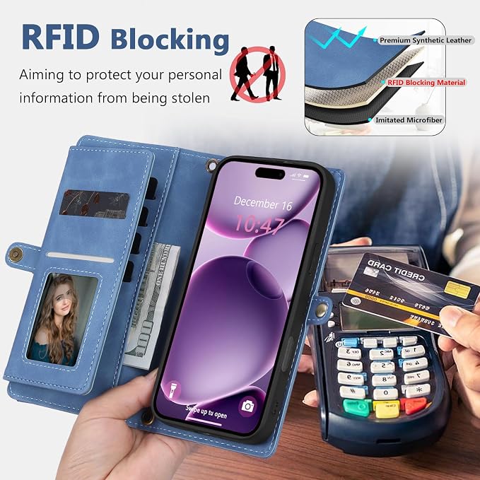 Wallet Case for iPhone 16 Plus with Card Holder/Crossbody Wallet/Strap| RFID Blocking | Magnetic | Kickstand | Detachable | PU Leather Phone Case for iPhone 16 Plus,6.7 in,Sky Blue