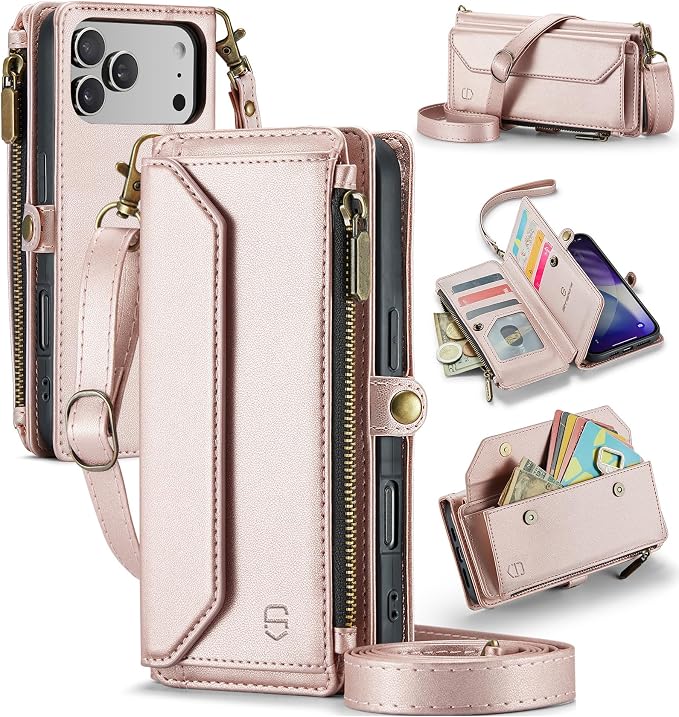 Strapurs Wallet Case Compatible with iPhone 17 Pro Max 6.9" RFID Blocking 10-Card Holder Soft PU Leather Magnetic Snap Shoulder Strap Zipper Pocket Phone Case Fit for iPhone 17 Pro Max - Rose Gold