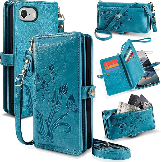 Lacass for iPhone 16e/17e Case Wallet,[Cards Theft Scan Protection] Card Holder Zipper Leather Flip Cover Crossbody Wrist Strap with Stand (Floral Blue Green)